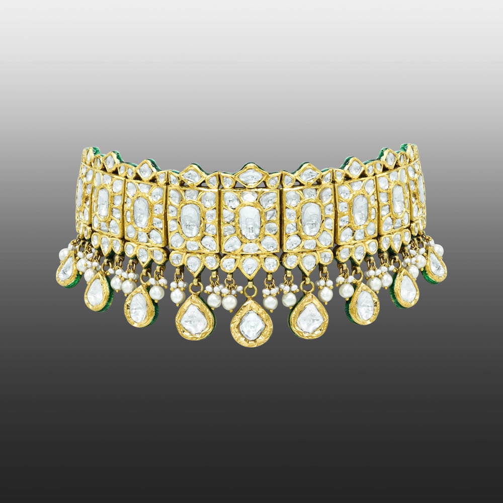 Polki Choker with Square and Teardrop Settings and Pearl Drops